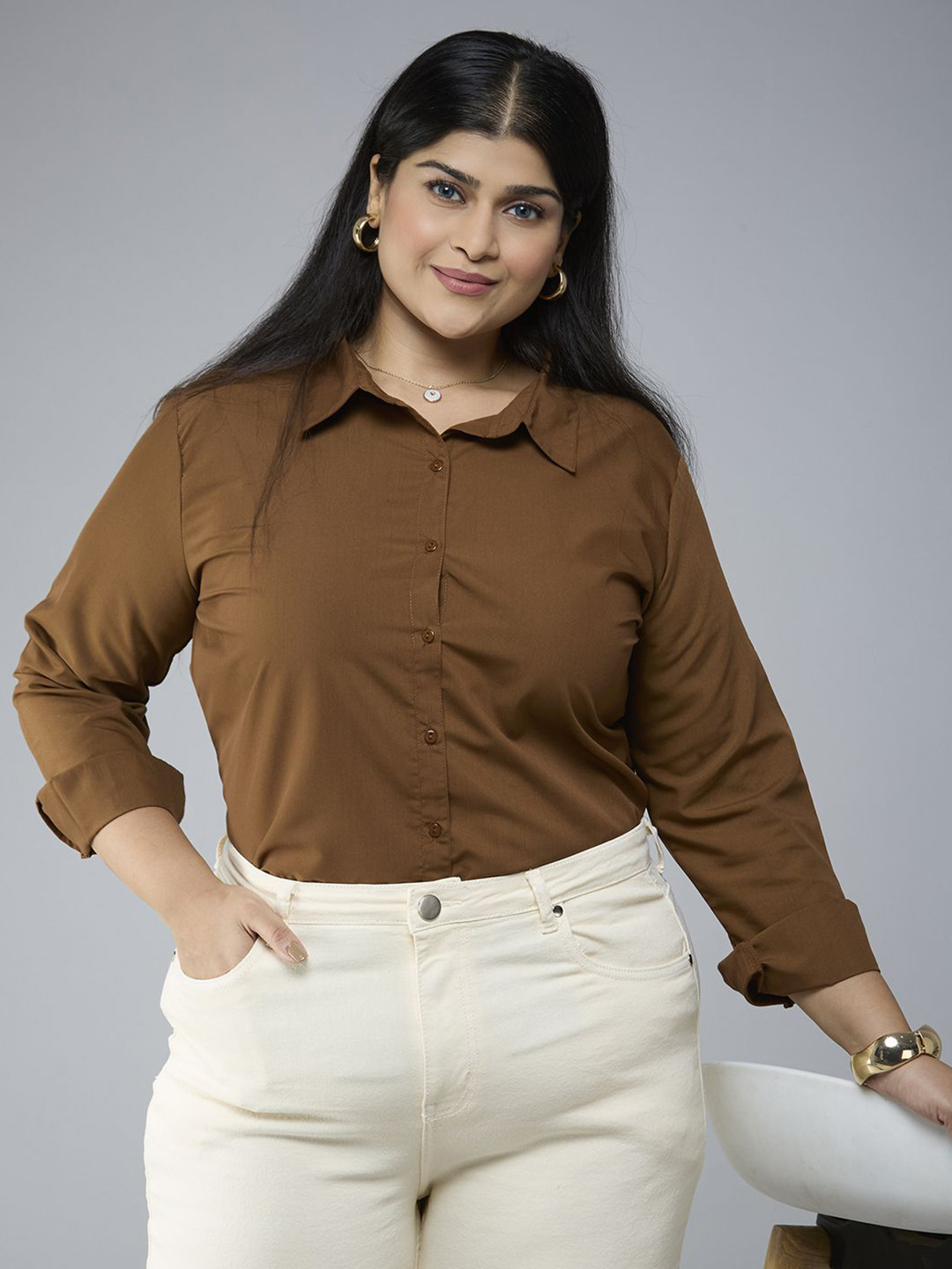 Style Quotient Women Plus Size Spread Collar Smart Long Sleeves Formal Shirt