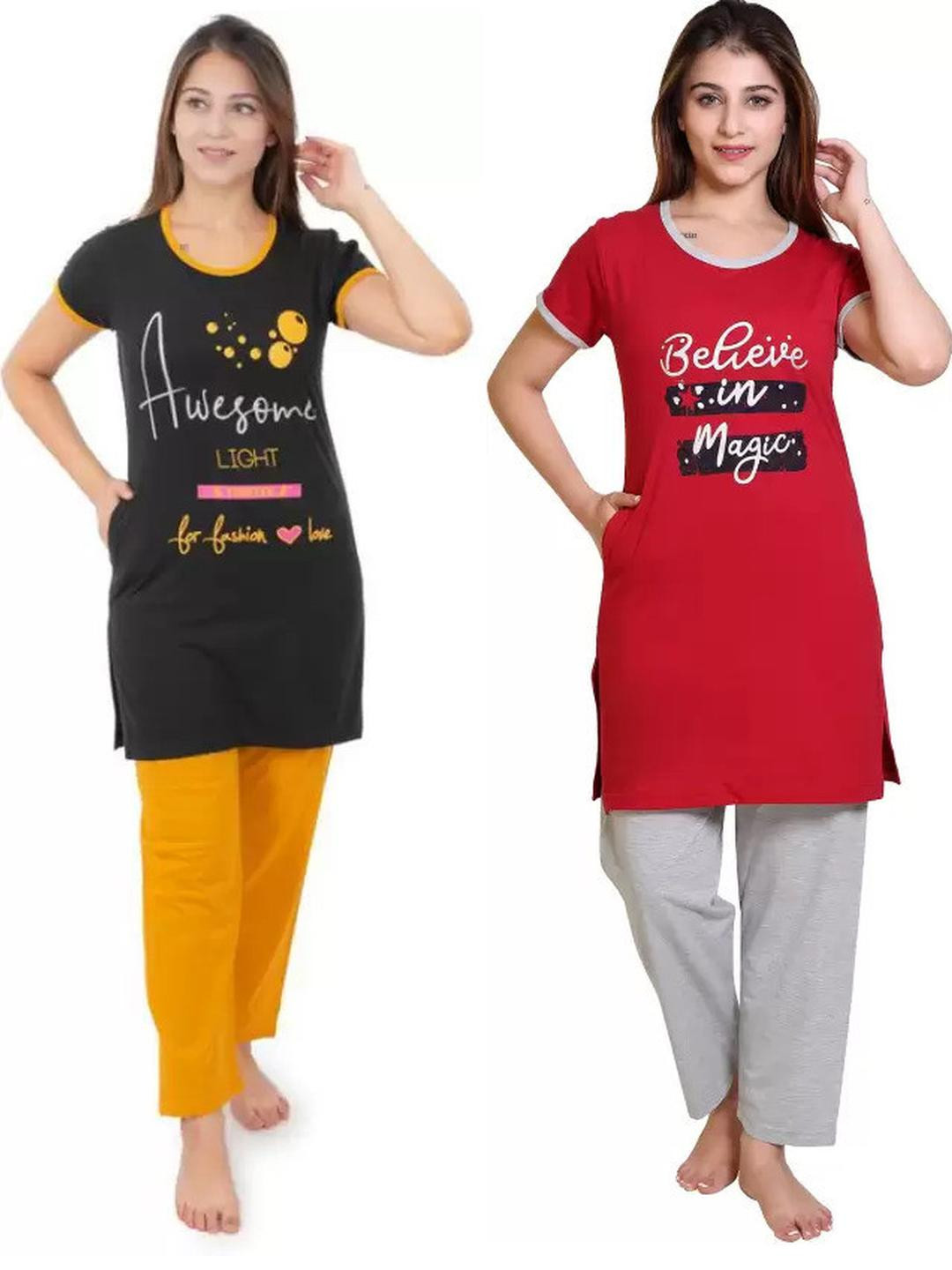 E-MAX Pack of 2 Typography Printed Night suit