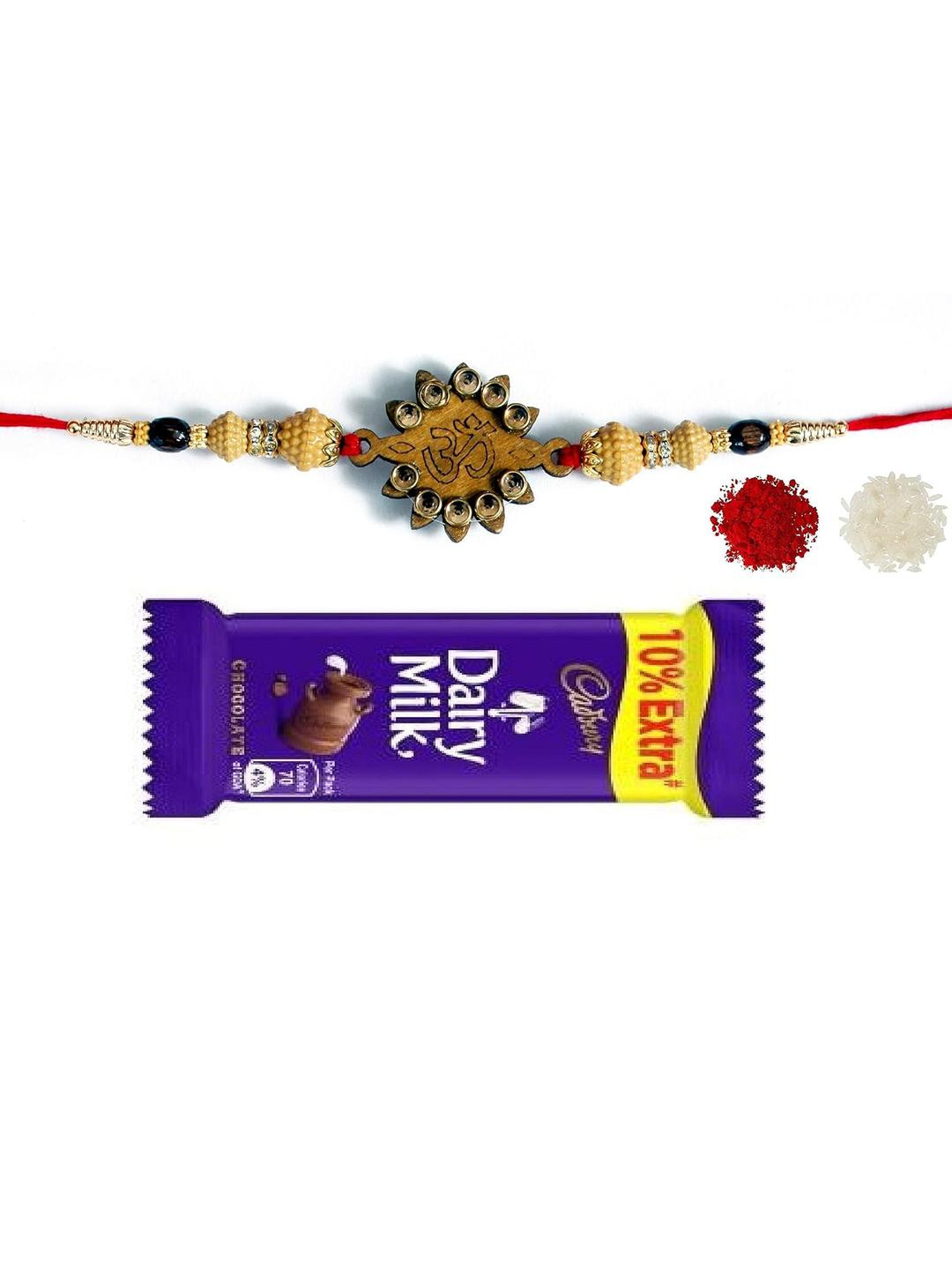 VR Creatives OM Wooden Beads Rakhi with Chocolate Tilak Set