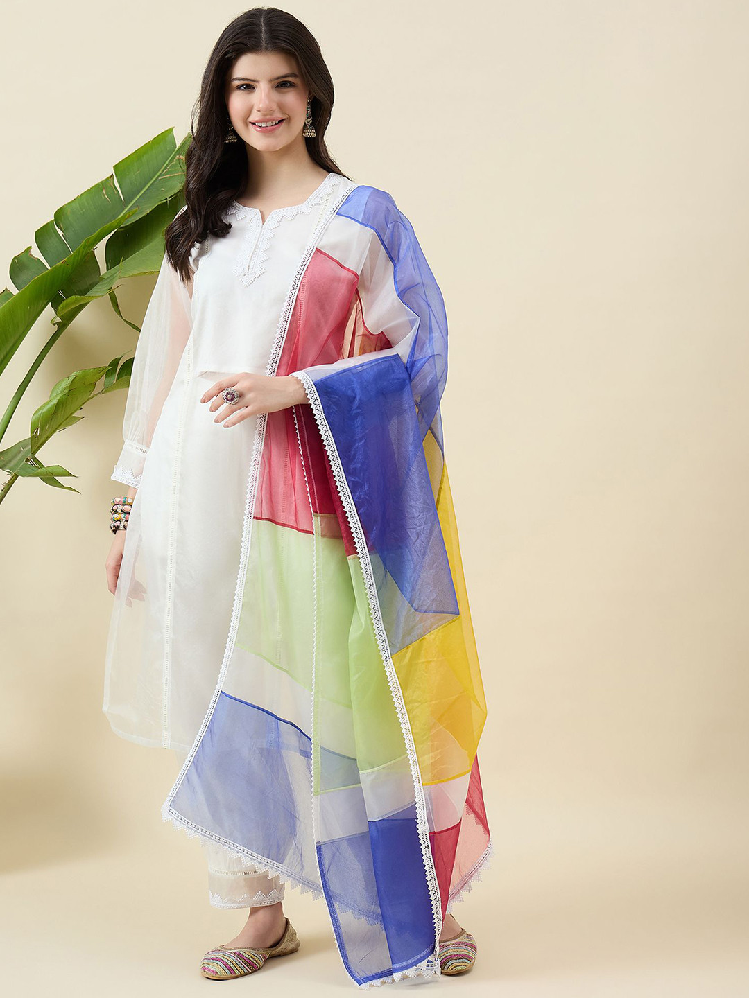 Aritri Women Self Design Round Neck lace work kurta and Pant with Dupatta