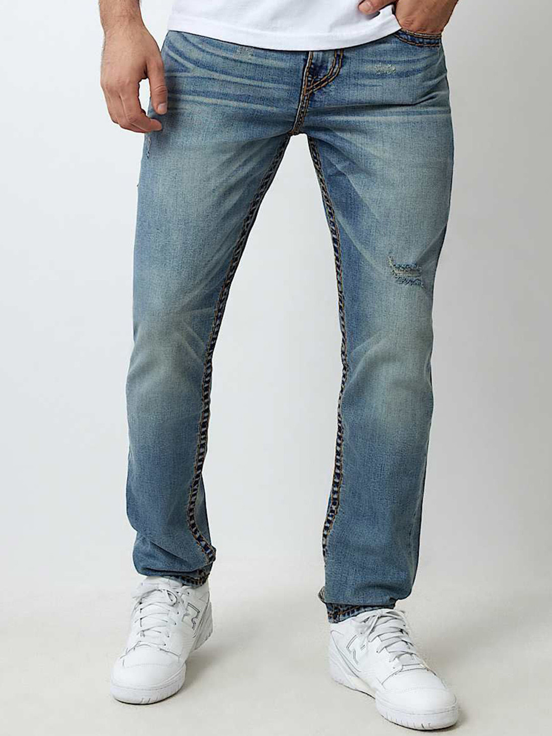 True Religion Men Rocco Super T Slim Fit Mid-Rise Low Distress Heavy Fade Jeans