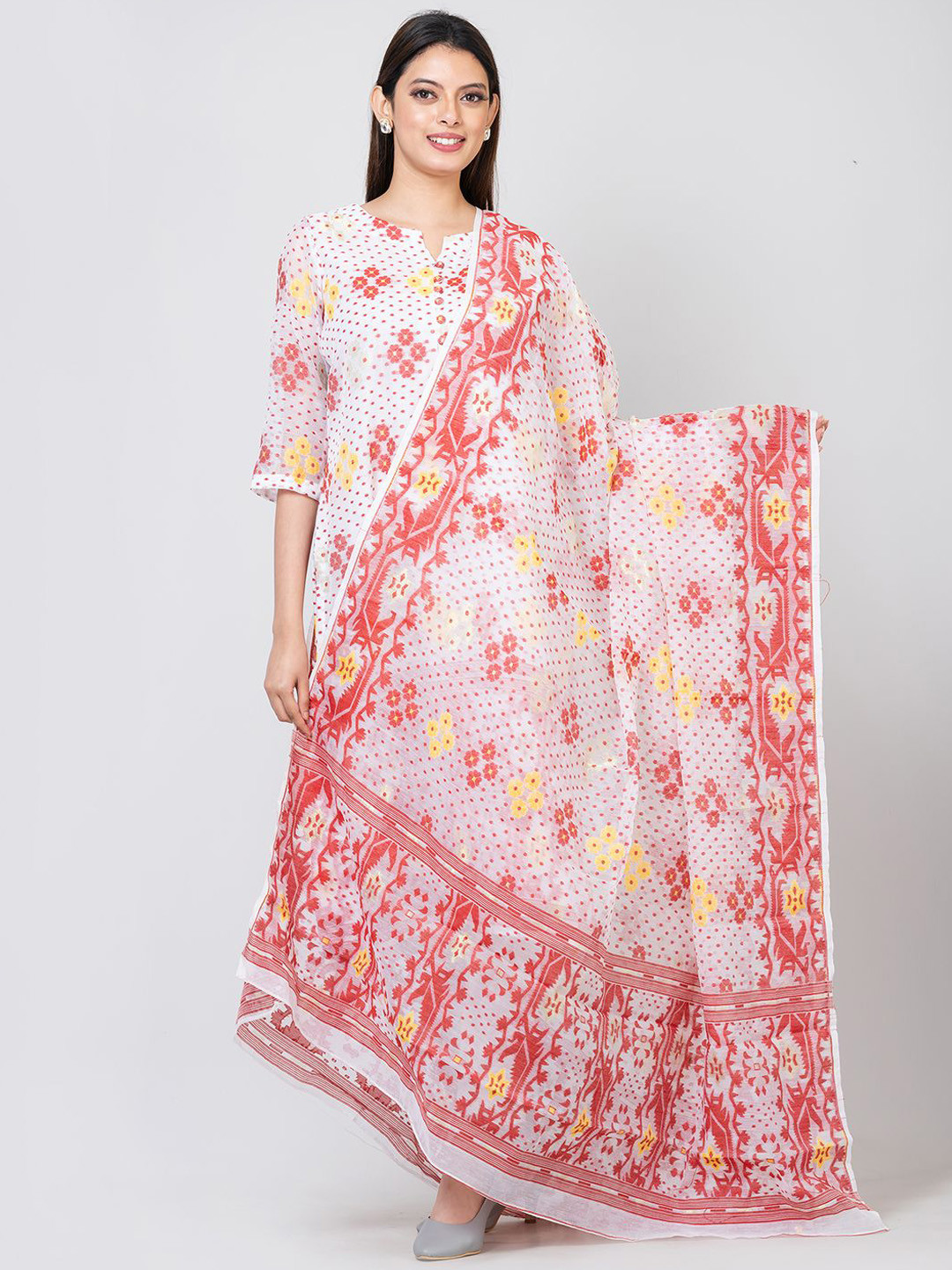 Durga Handloom Jamdani Woven Design Zari Pure Cotton Unstitched Kurti with Dupatta Dress Material