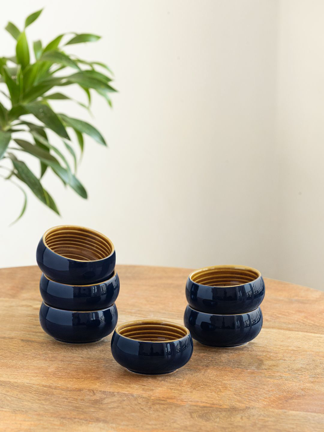 ExclusiveLane Mariana Blues Blue & Brown 6 Pieces Glazed Ceramic Dinner Bowls 140 ML Each