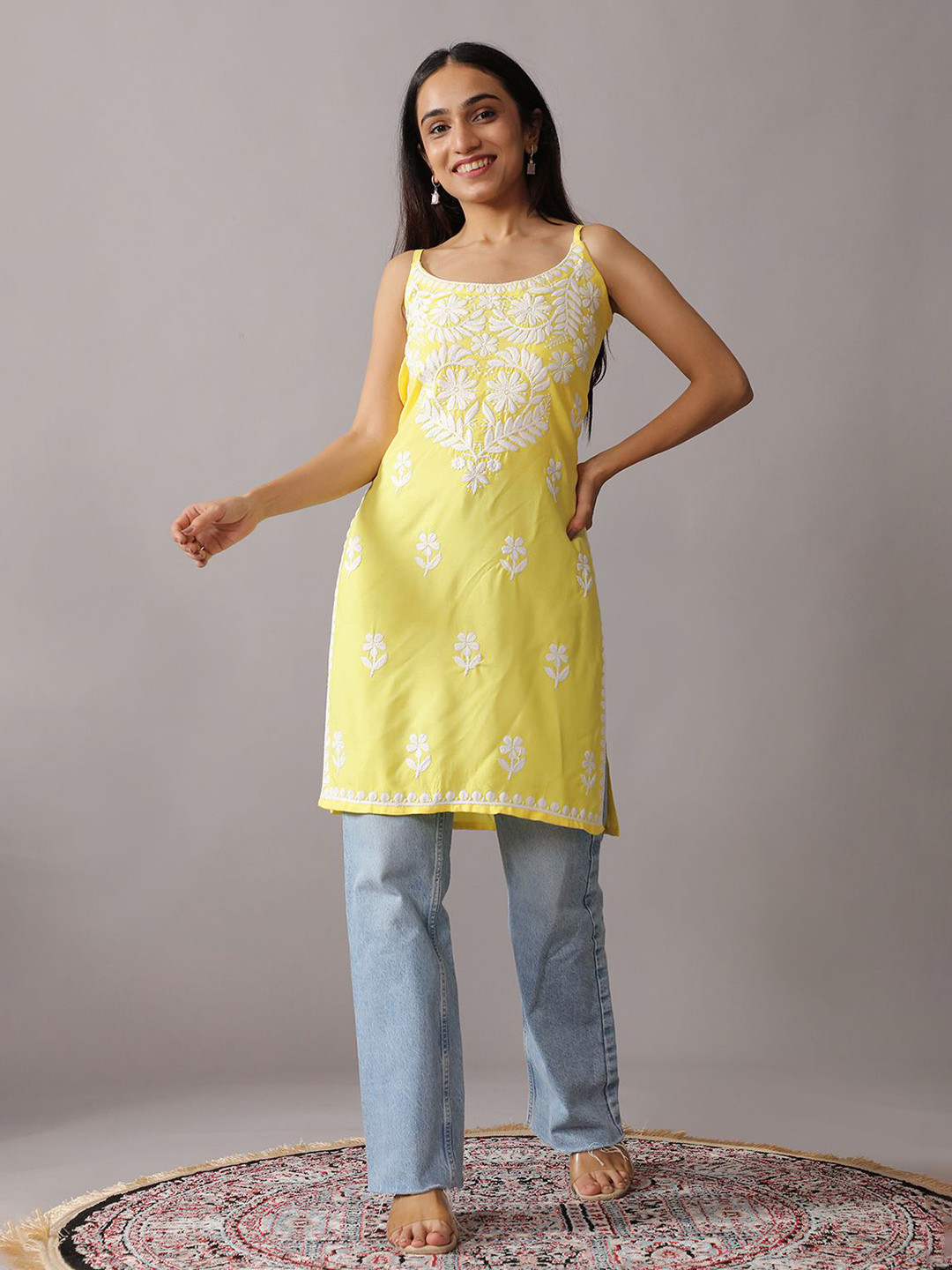 colorkosh Yellow Floral Embroidered Shoulder Straps Straight Rayon Kurta