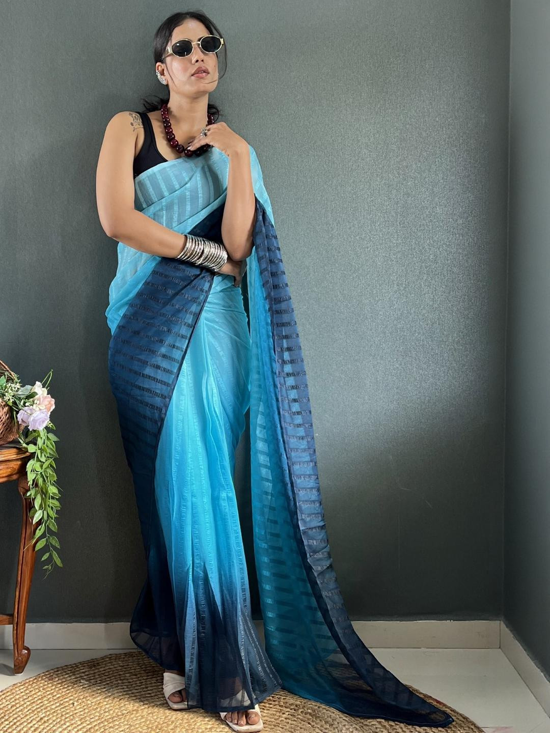 KALINI Blue Poly Georgette Printed Sarees