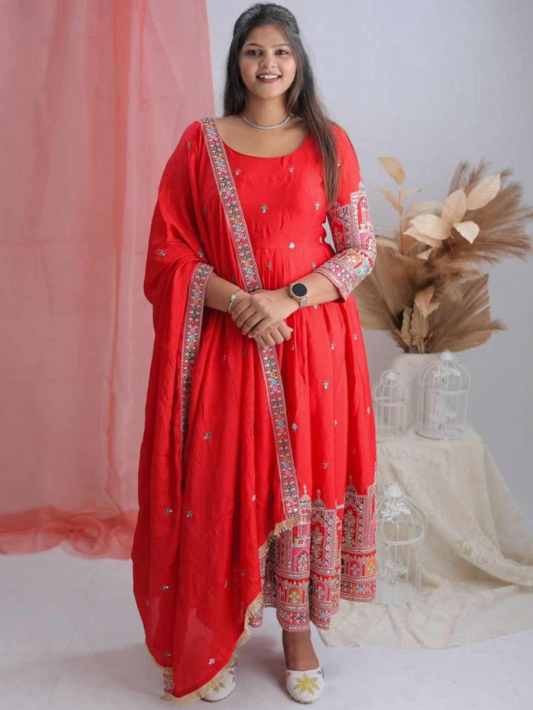 CRAFTLE Floral Embroidered Thread Work Anarkali Kurta With Trousers & Dupatta