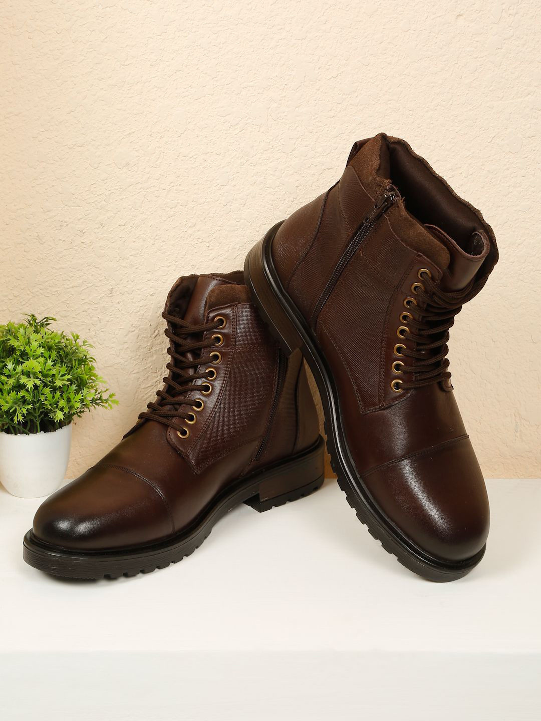 Teakwood Leathers Men Textured Leather Dual Side Combat Boots with Buckle and Zipper