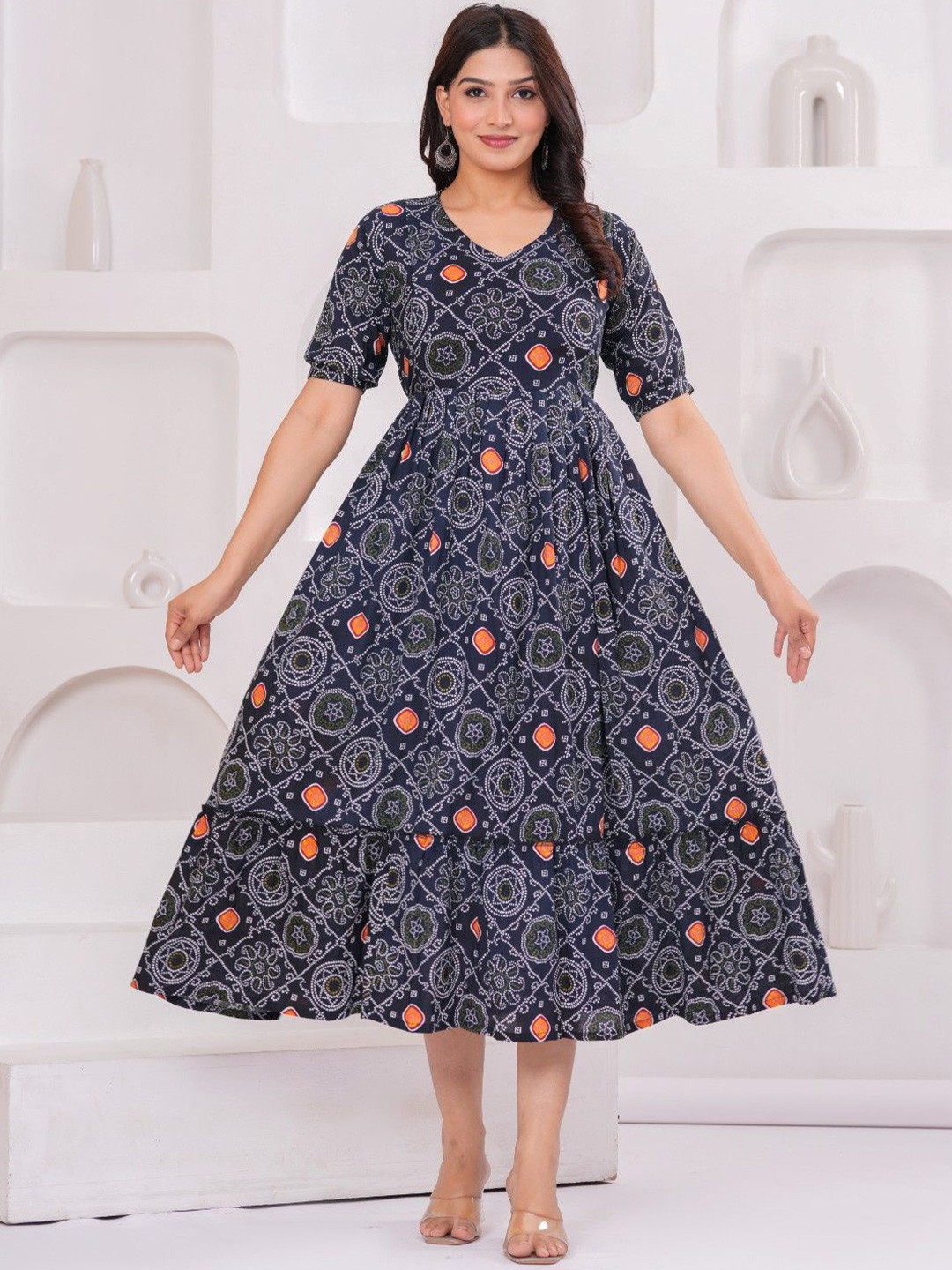 UrbanRang Women Print V-Neck Puff Sleeve Maternity Maxi Gown