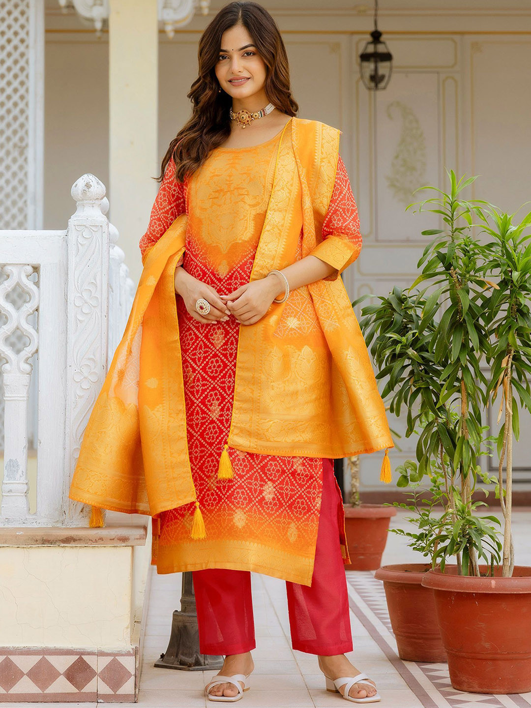 Brand Hill Women Bandhani Printed Kurta with Trousers & Dupatta
