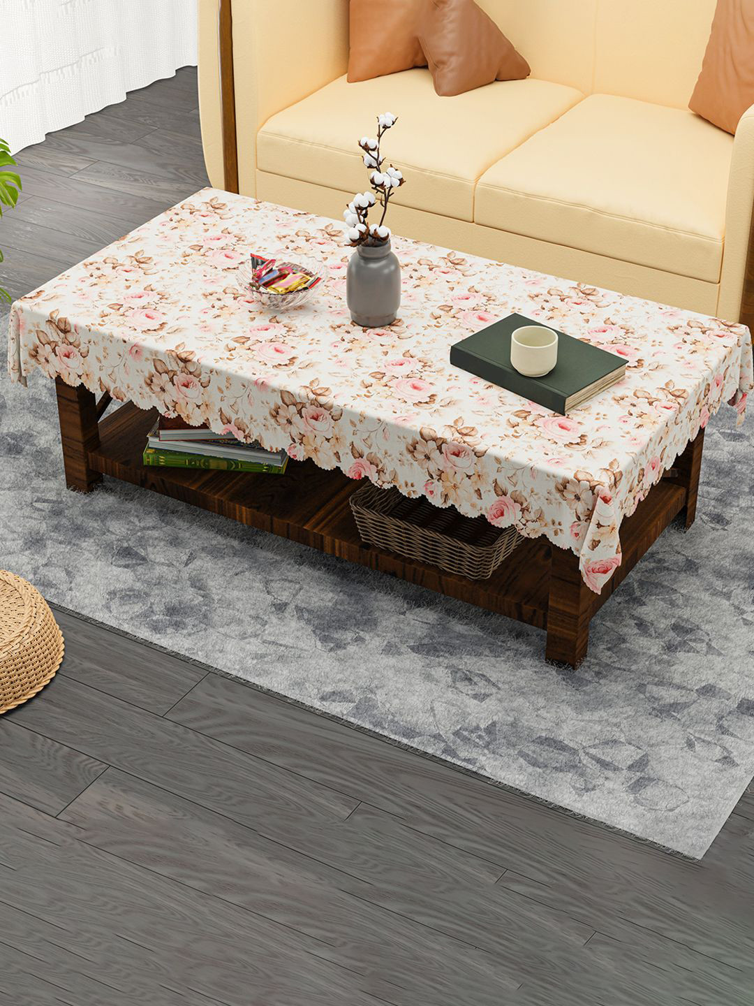 Kuber Industries Cream-Coloured & Brown Floral Jute Anti-Skid 4-Seater Table Cover
