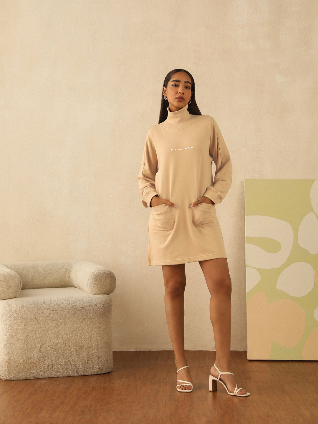 PRIMAL GRAY Women High Neck Sweater A-Line Dress