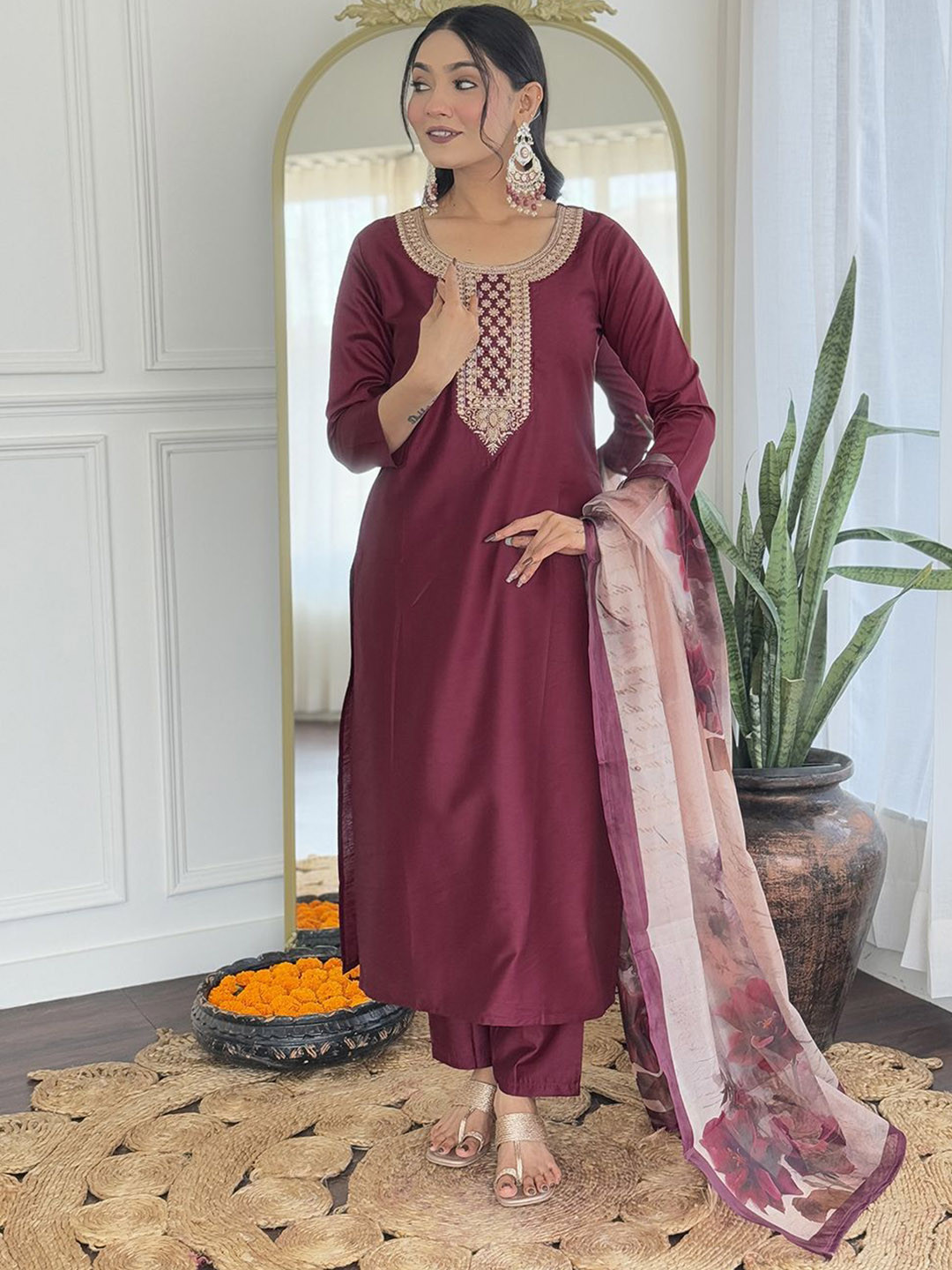 Brand Hill Yoke Design Round Neck Thread Work Straight Kurta With Trousers & Dupatta