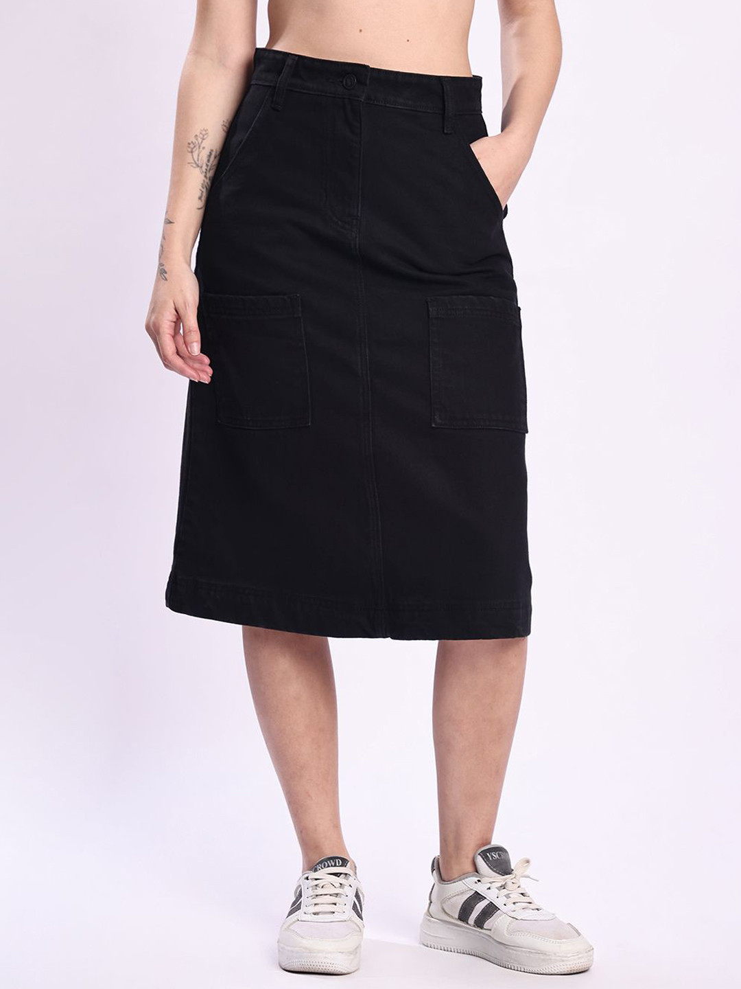 Bene Kleed Women Solid A-Line Cargo Denim Midi Skirt