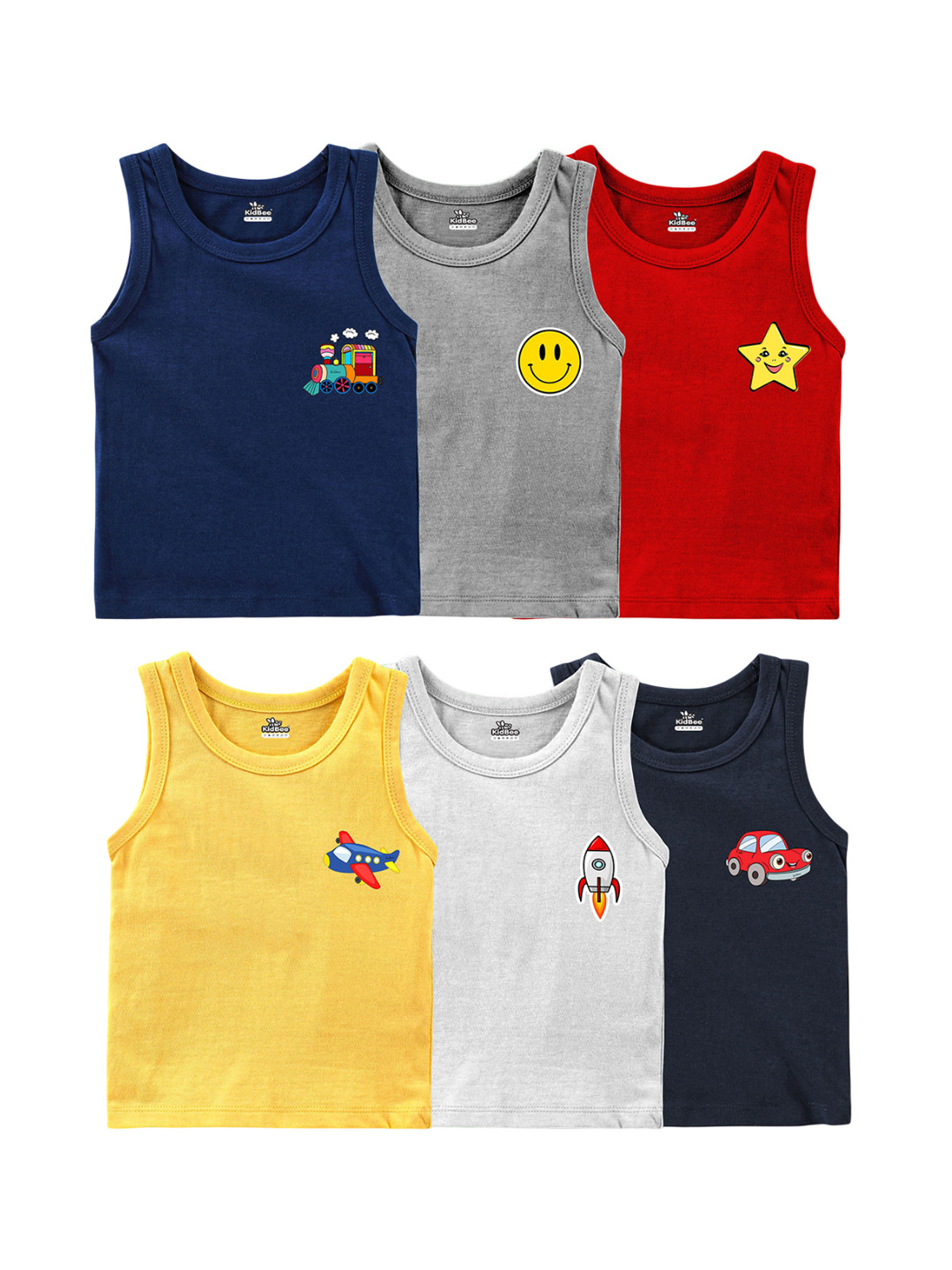 KidBee Kids Pack Of 6 Cartoon Printed Cotton Sleeveless Inner Vests