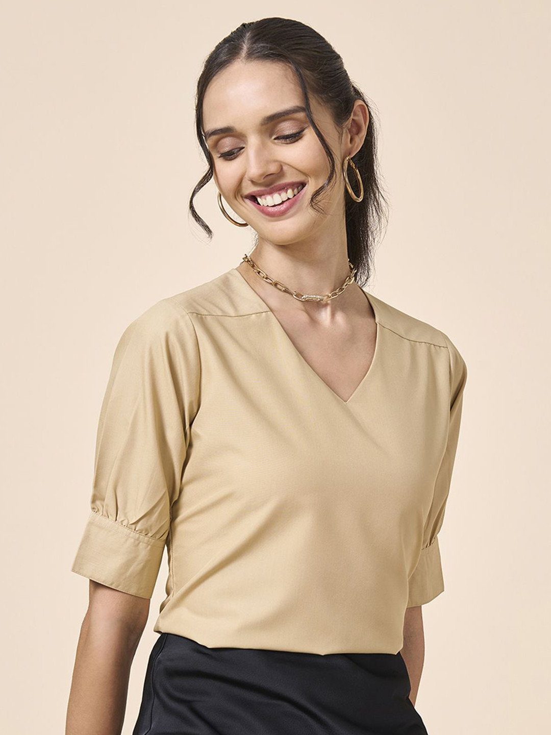 Style Quotient Solid Cuffed Sleeves Top