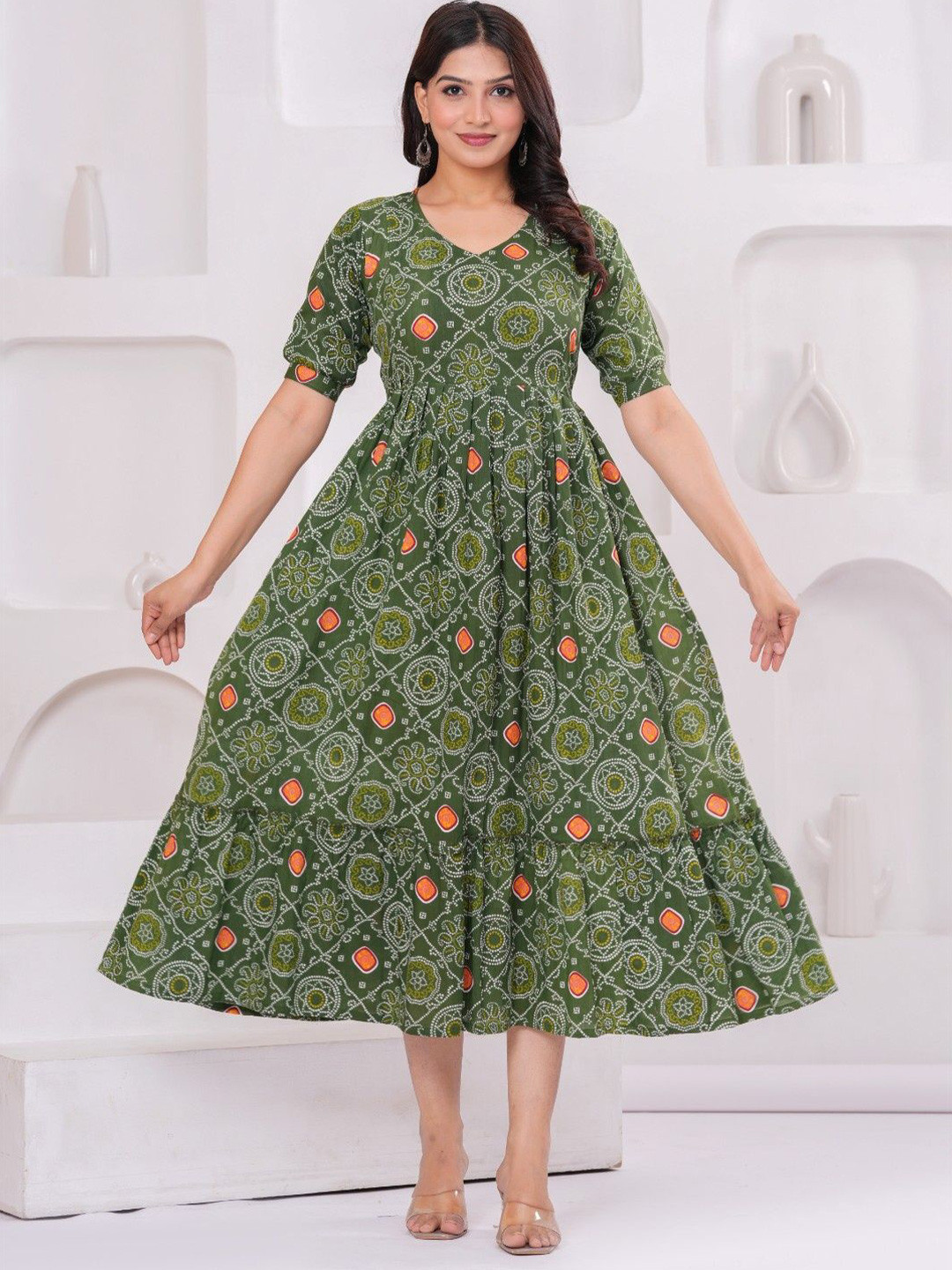 UrbanRang Women Ethnic Printed Puff Sleeve Maternity Cotton Fit and Flare Dress