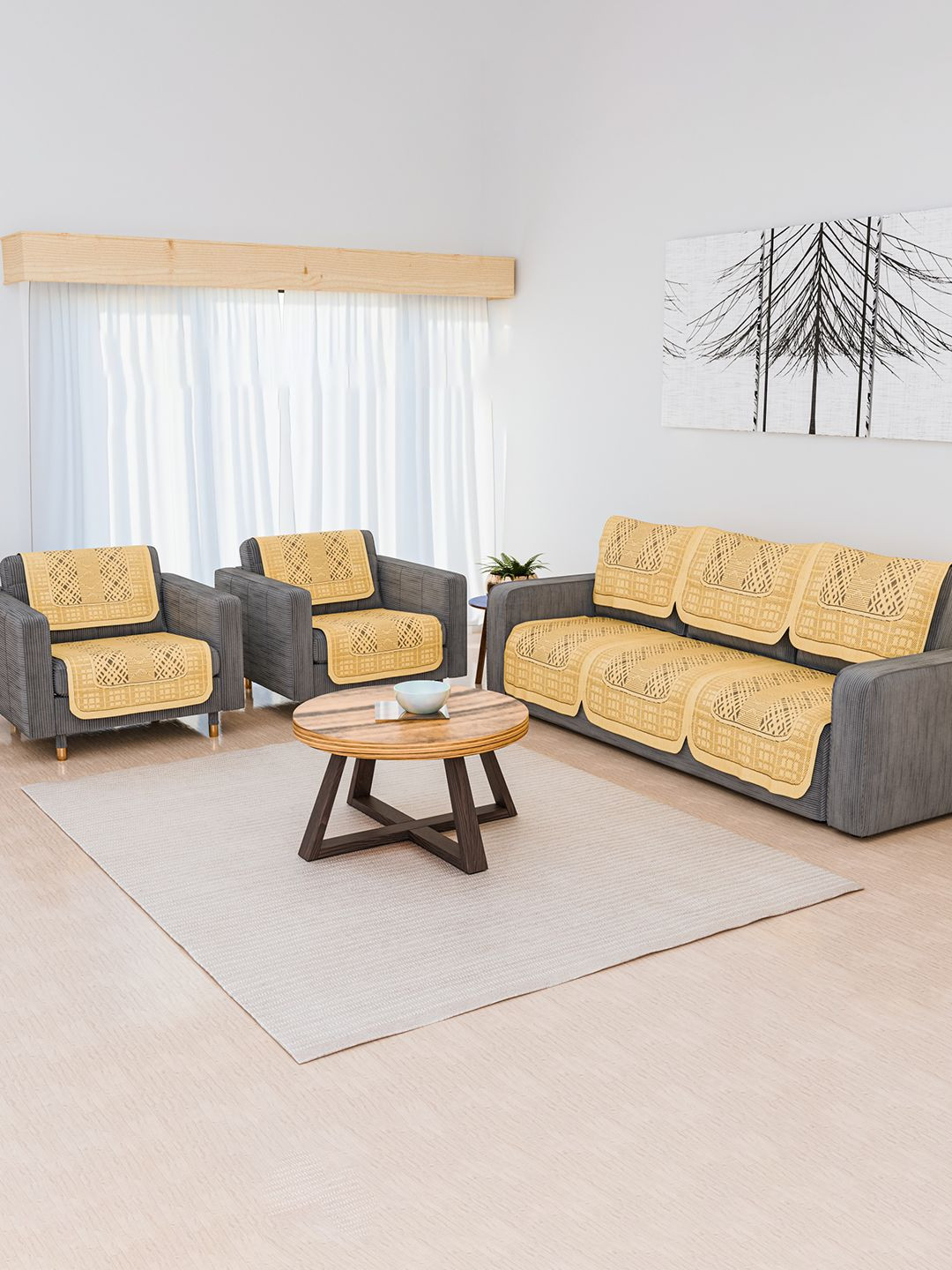 Kuber Industries Gold-Toned 10 Pieces Zig Zag Bright Cotton 5 Seater Sofa Covers