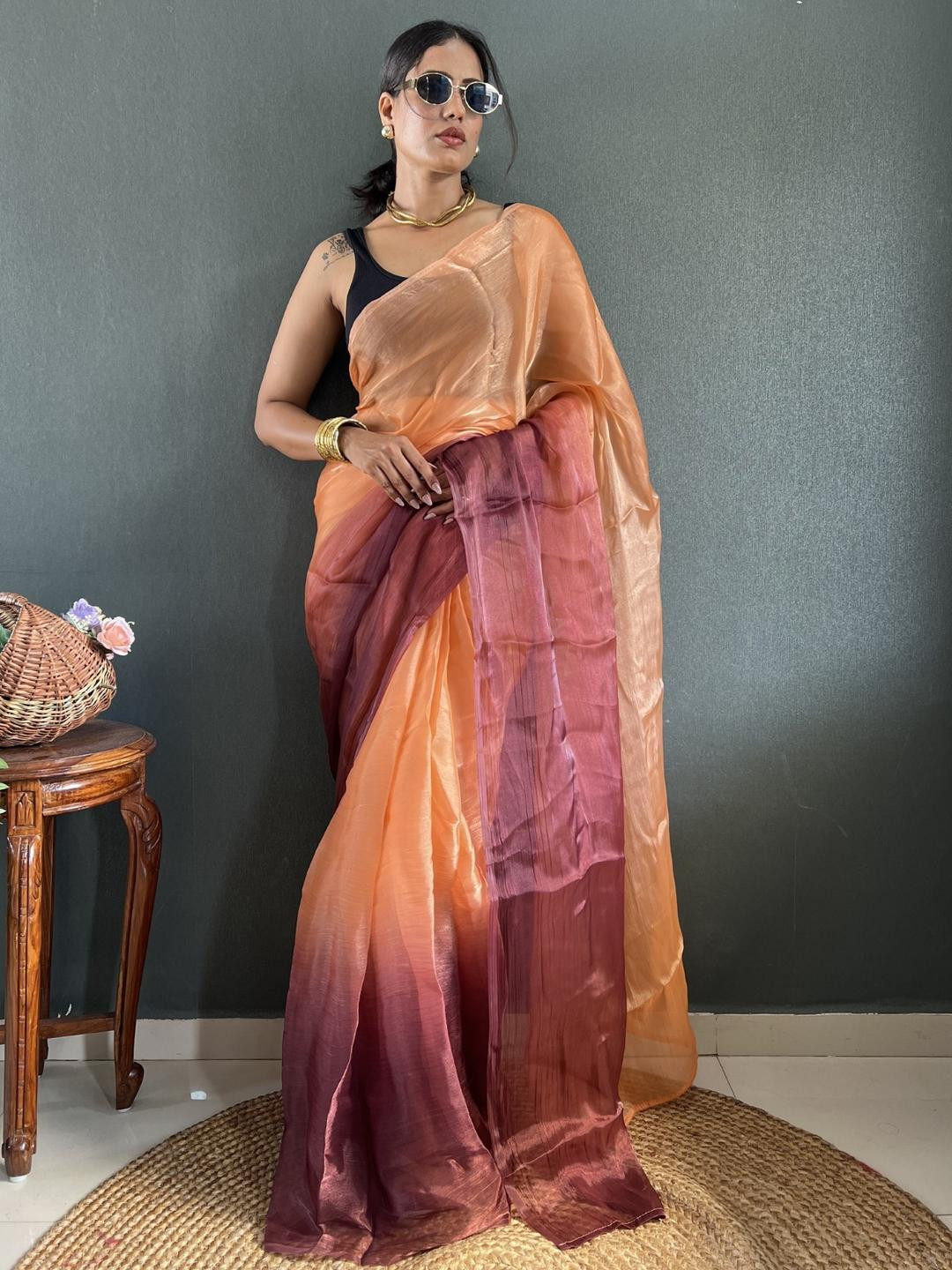 KALINI Orange Nylon Printed Sarees