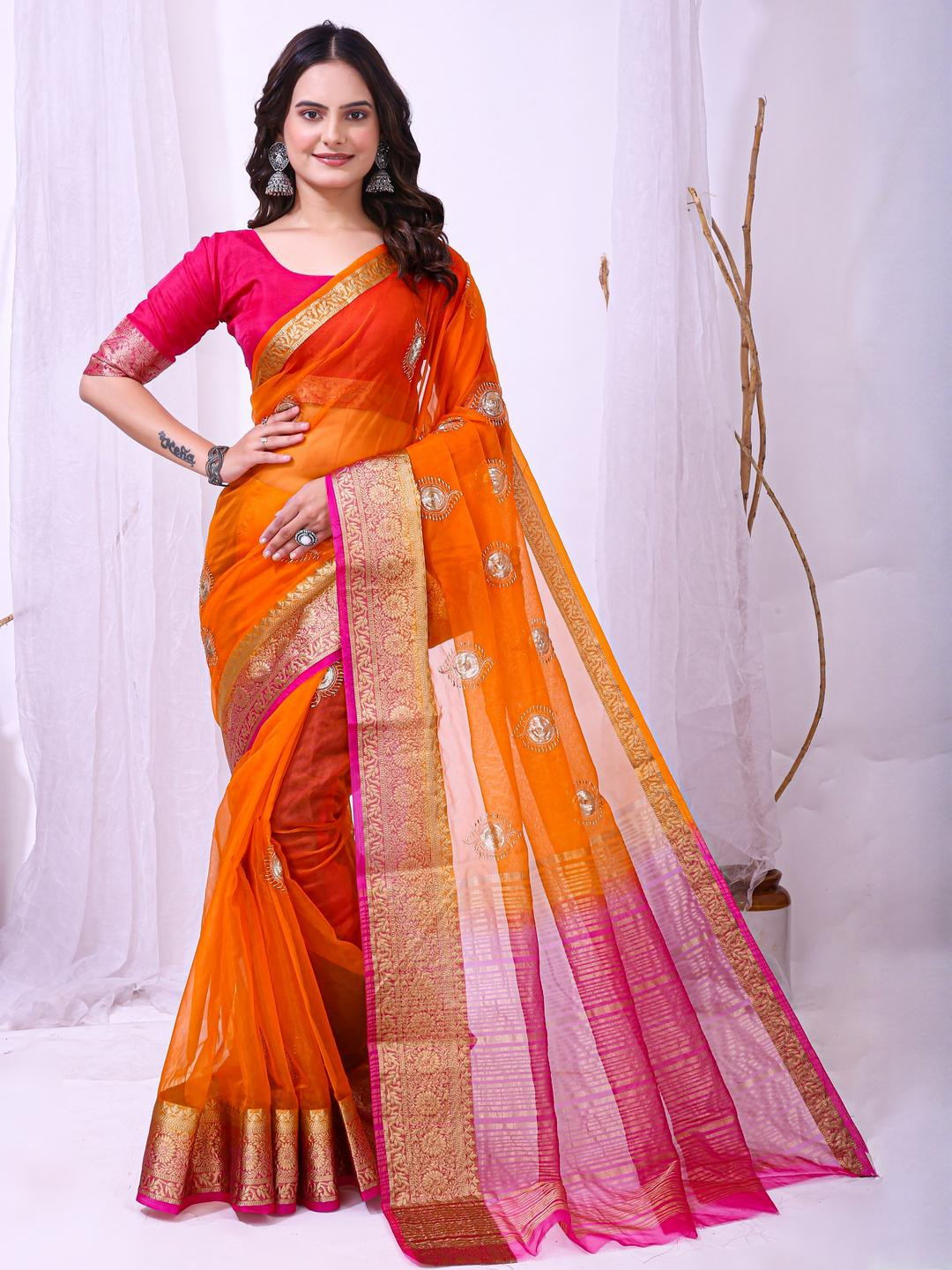 KALINI Orange Organza Embellished Sarees