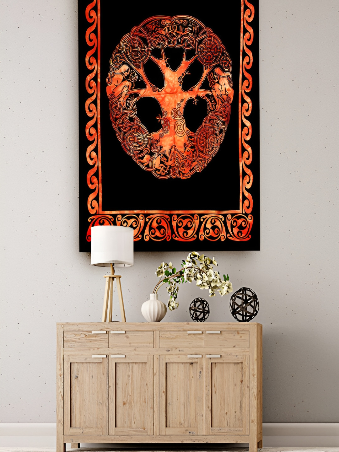 HANDICRAFT PALACE Orange & Black Celtic Tree Printed Pure Cotton Wall Hanging Tapestry