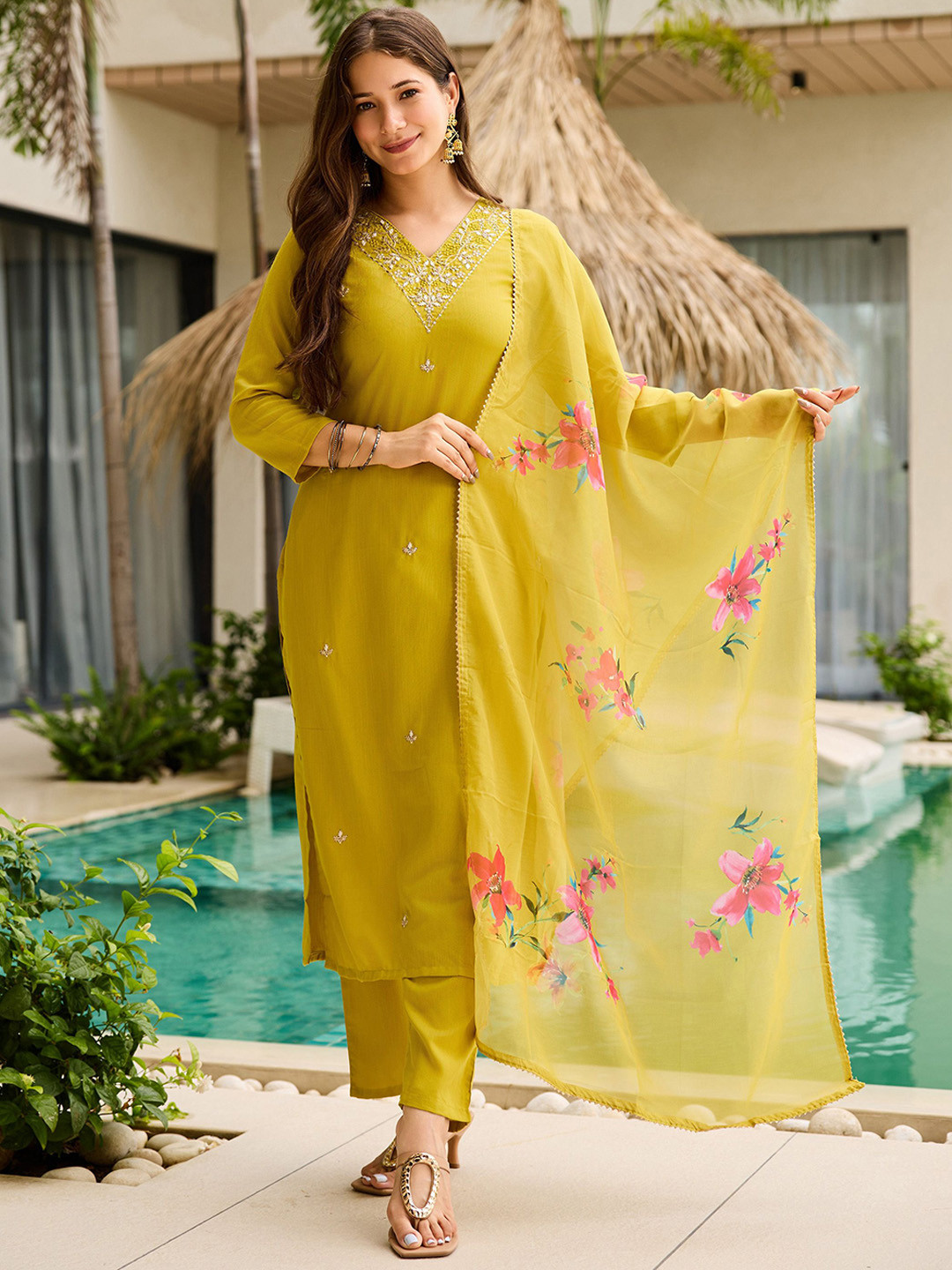 Brand Hill Floral Embroidered Thread Work Straight Kurta With Trousers & Dupatta