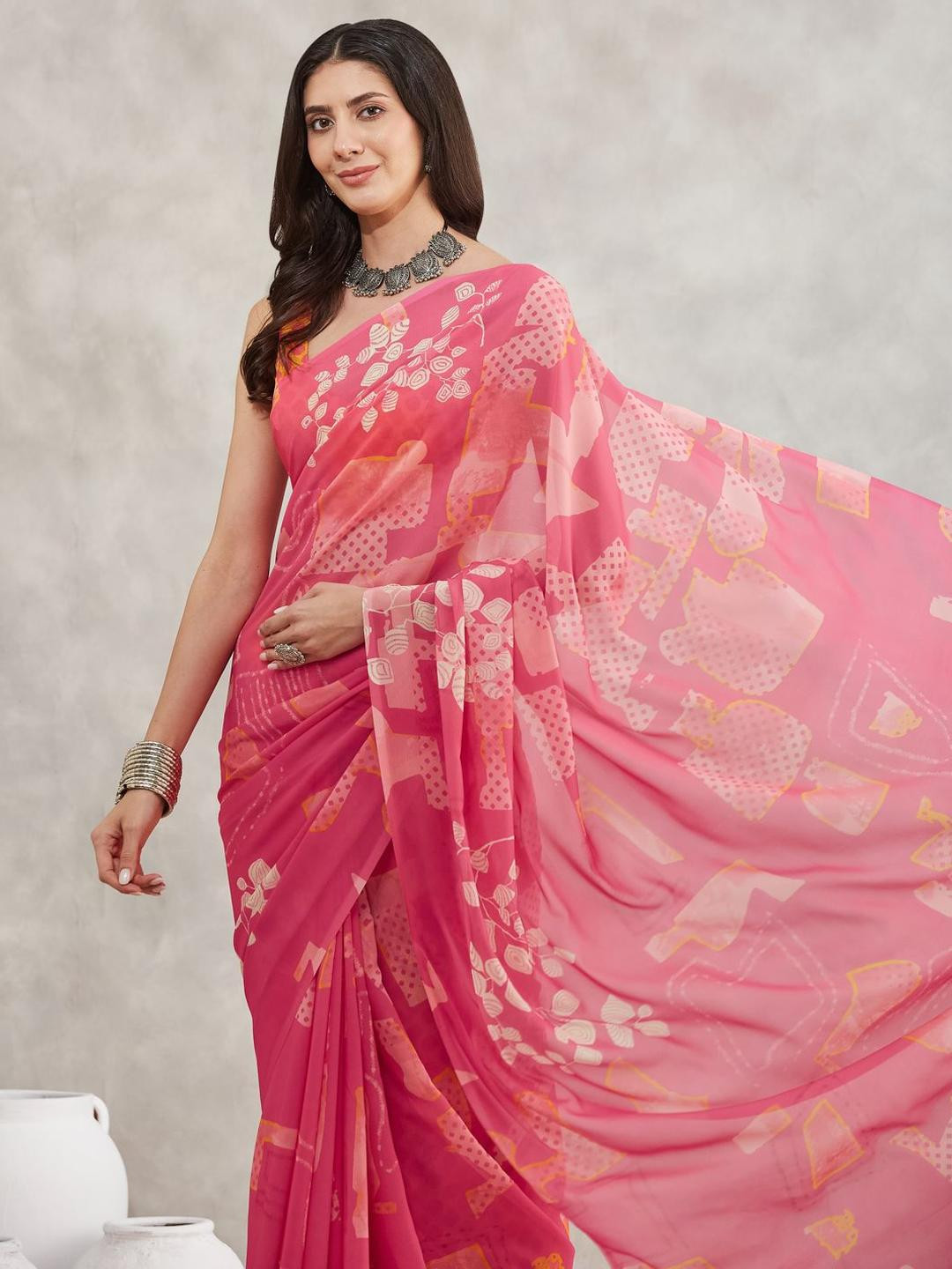 Janasya Women's Pink Georgette Geometric Printed Saree with Blouse Piece