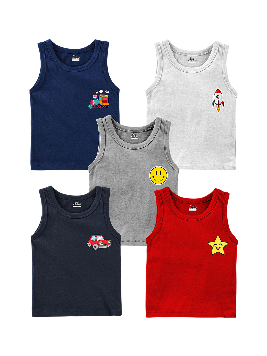 KidBee Unisex Pack Of 5 Cartoon Printed Cotton Basic Vests