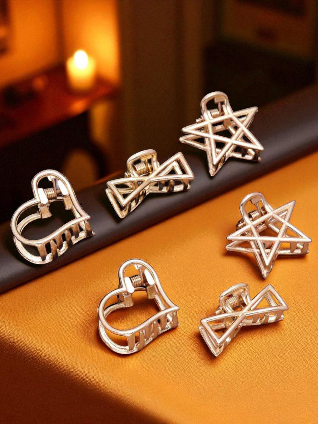OOMPH Combo of 6 Mini Hair Claw - Gold Tone - Star, Heart Shape -