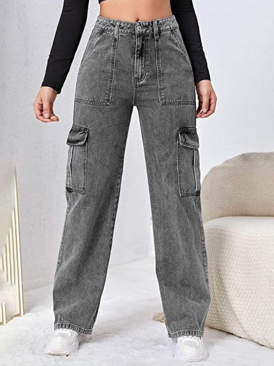 XWAGER Women Comfort Regular Fit Mid-Rise Cargo Jeans