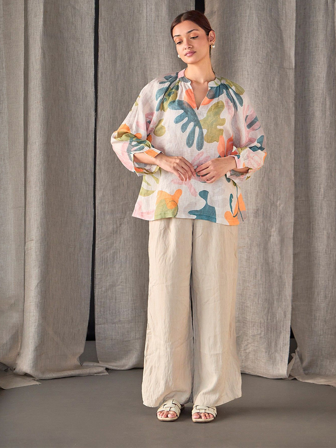 Bombay Bloom Wome Printed Mandarin Collar Shirt Style Top