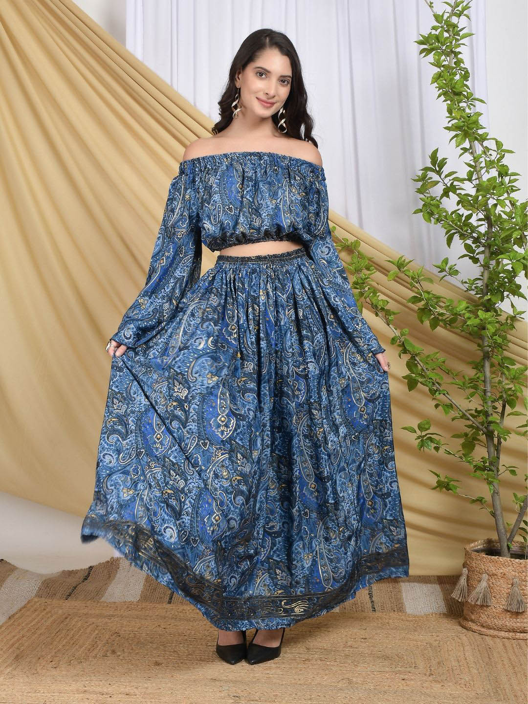 Boholyfe Calypso Royal Bloom Printed Off Shoulder Top With Skirt Co-Ords
