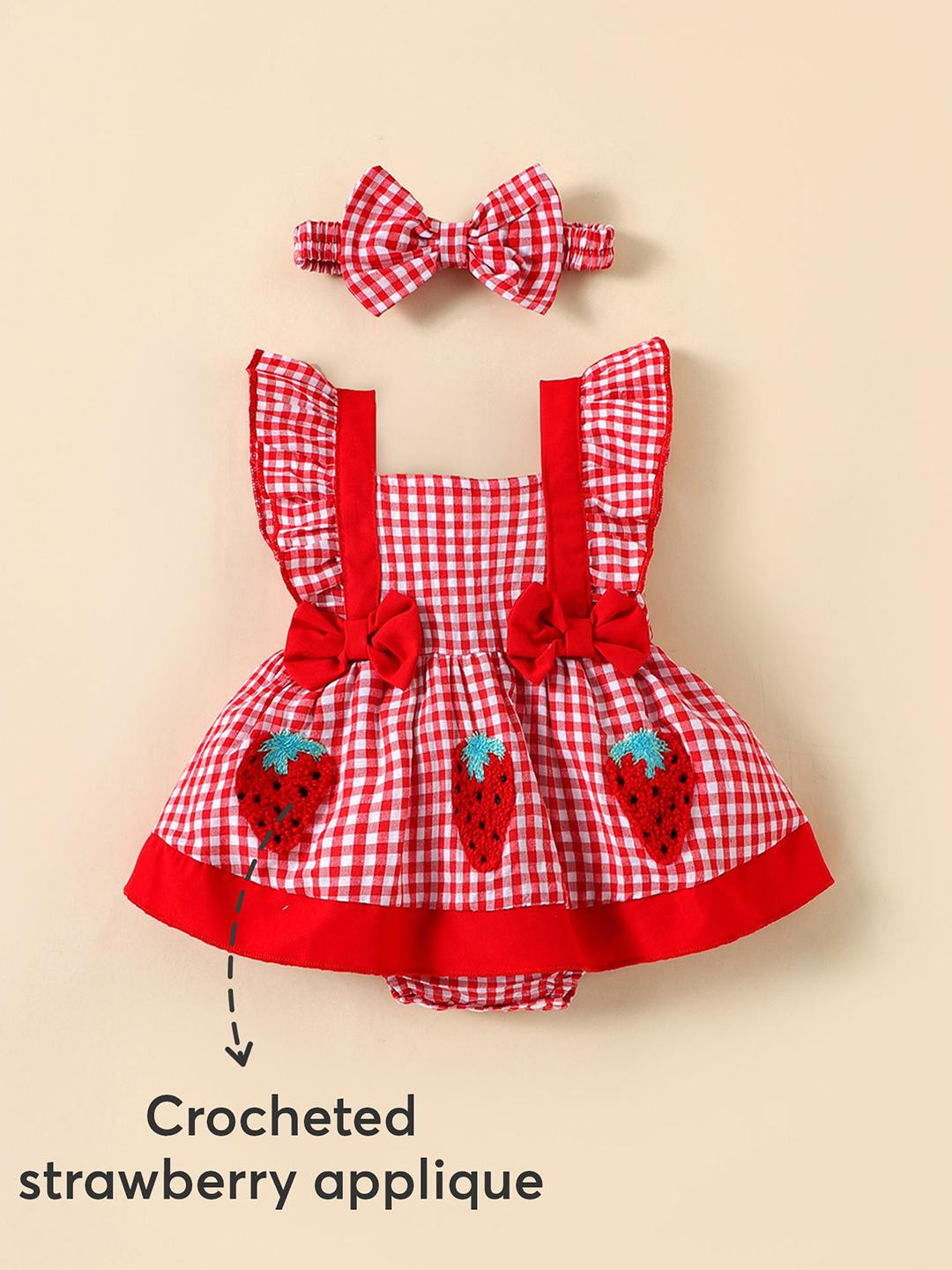 Hopscotch Girls Sweet Berry Checkered Onesie with Hairband