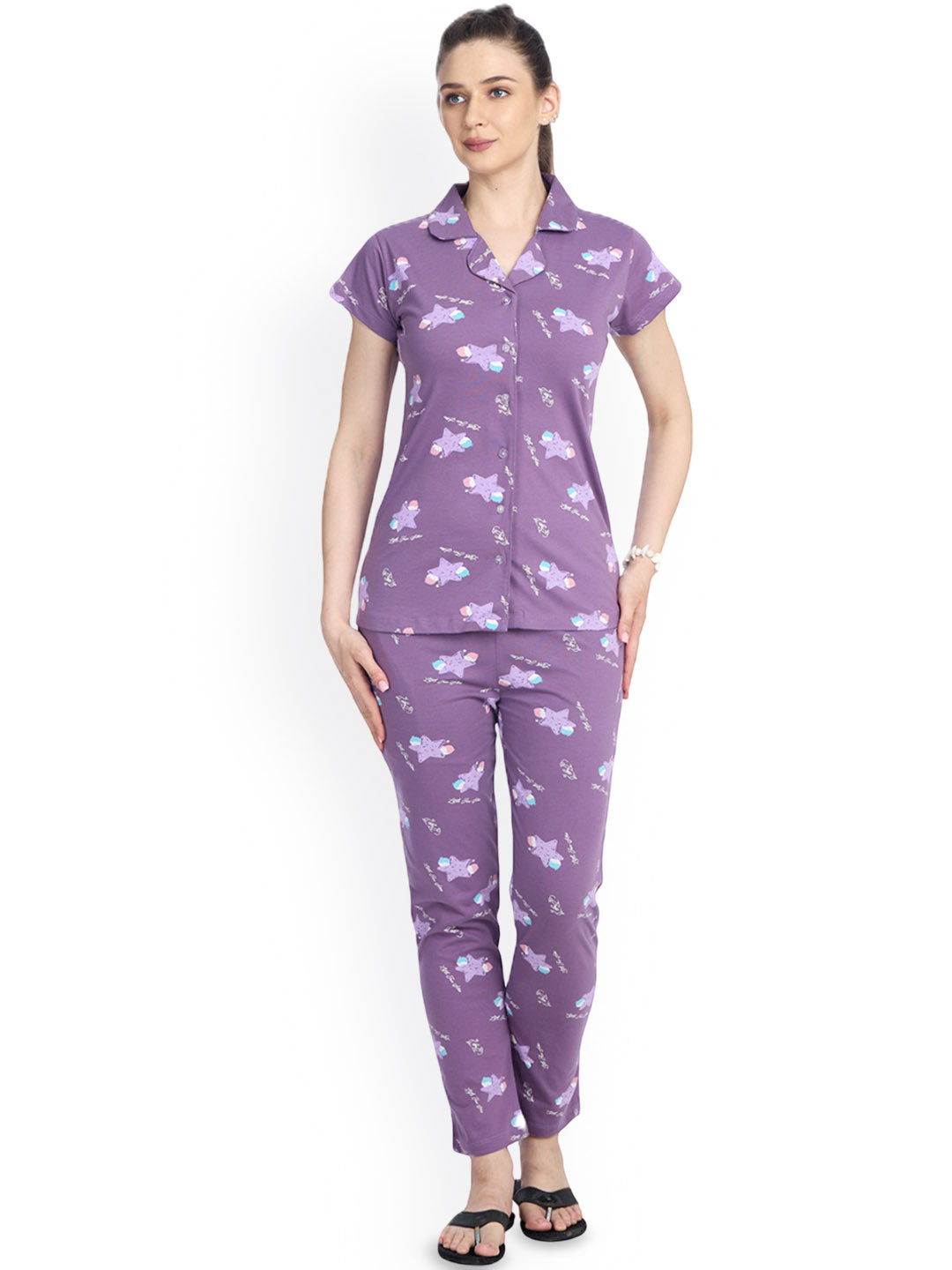 Morrio Women Graphic Printed Lapel Collar Pure Cotton Shirt & Pyjamas