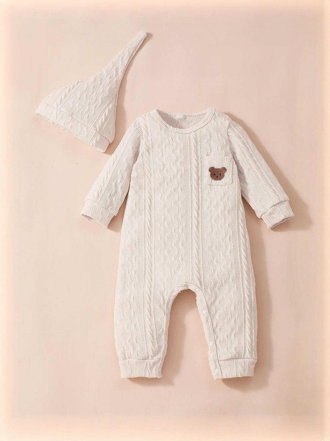Hopscotch Off-White Textured Full-Sleeve Bodysuit with Hat