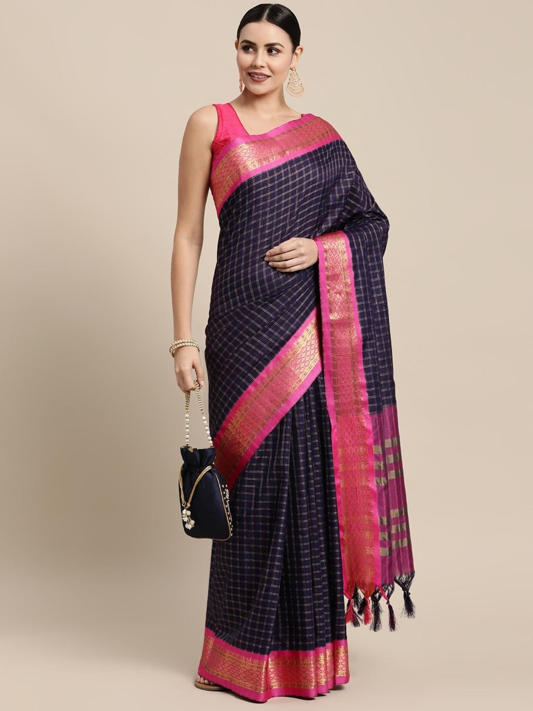KALINI Navy Blue Silk Cotton Checked Sarees