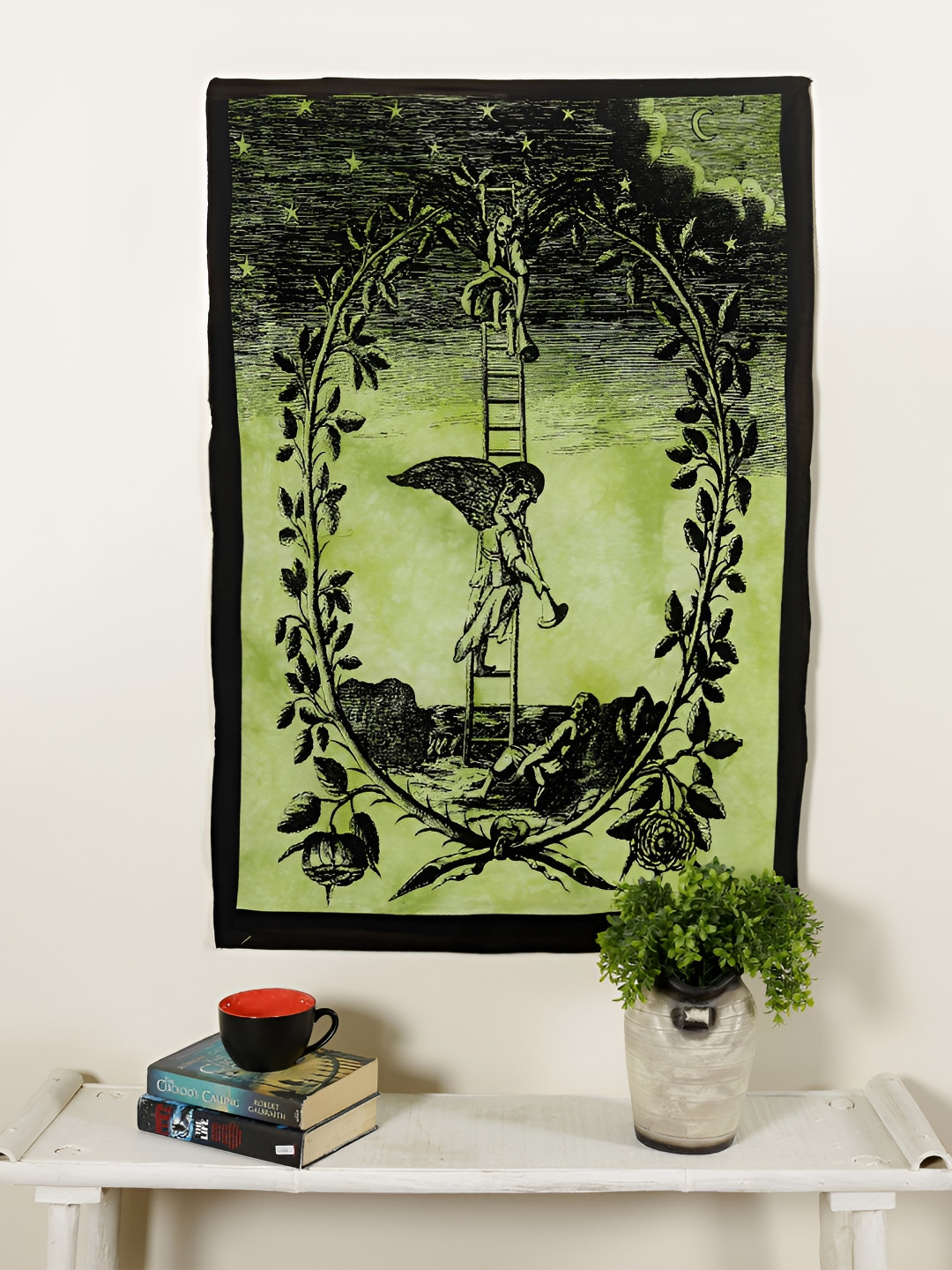 HANDICRAFT PALACE Black & Green Mutus Liber Printed Pure Cotton Wall Hanging Tapestry