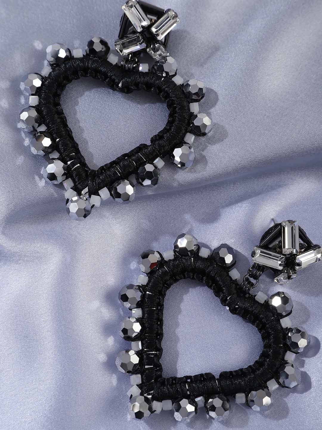 LULU & SKY Artificial Stones Studded And Beaded Heart Shaped Drop Earrings