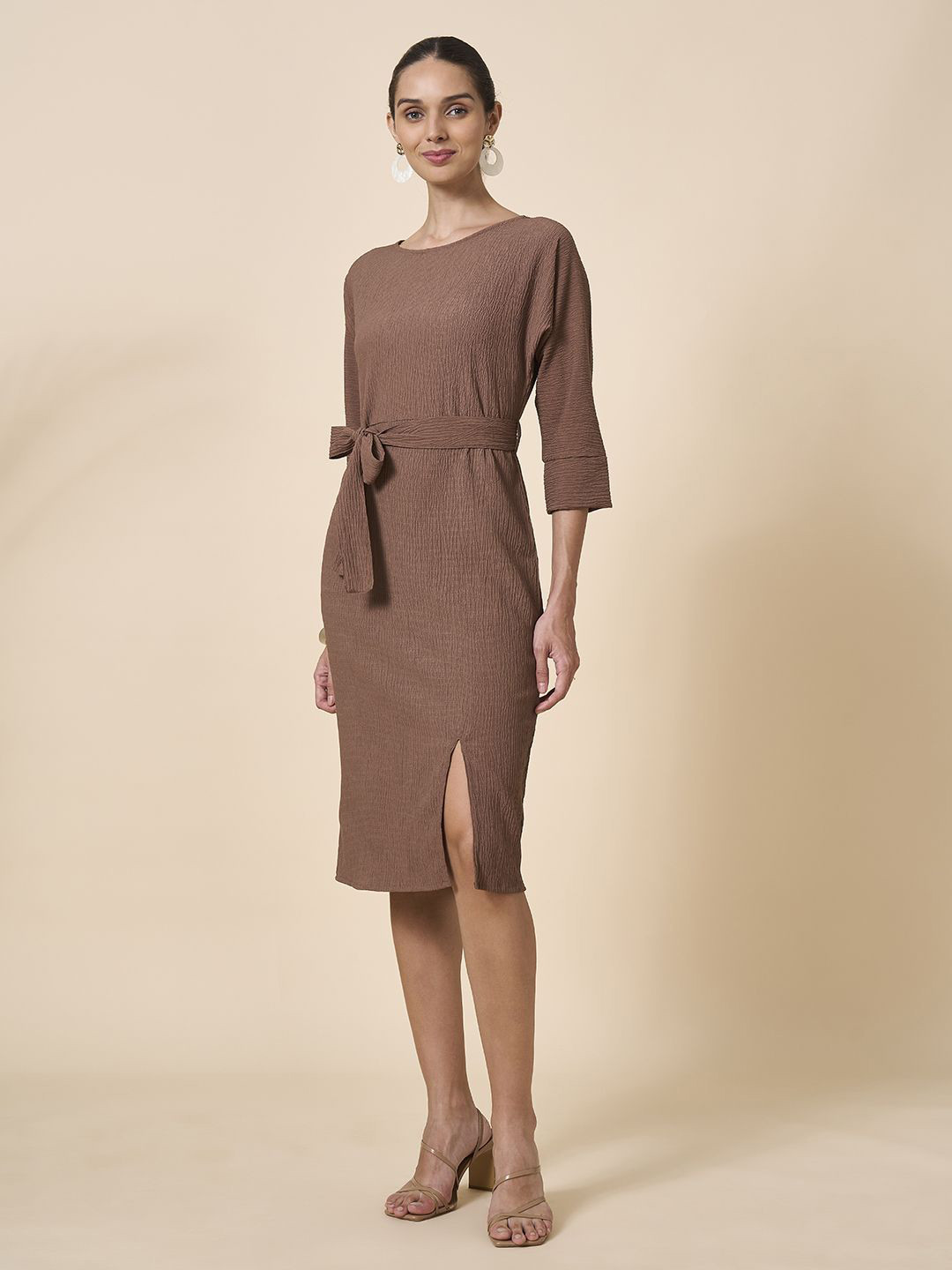 Style Quotient Women Self Design Belted Slits Bodycon Midi Dress