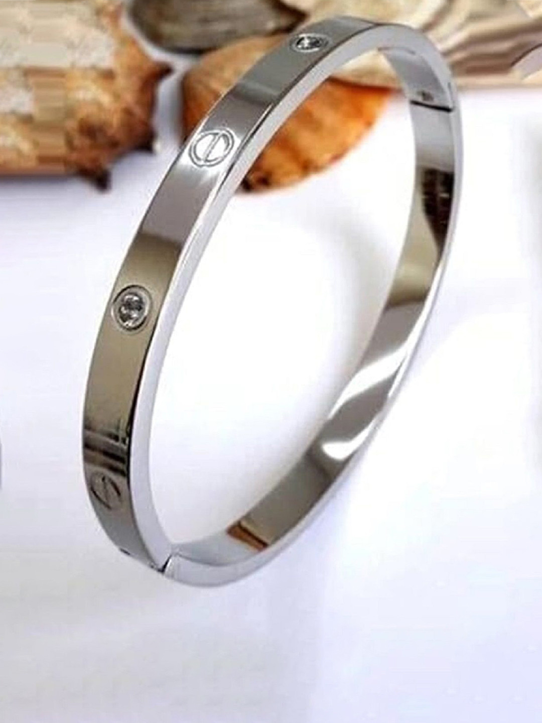Newitin Unisex Stainless Steel Silver-Plated Diamond Studded Bangle-Style Bracelet