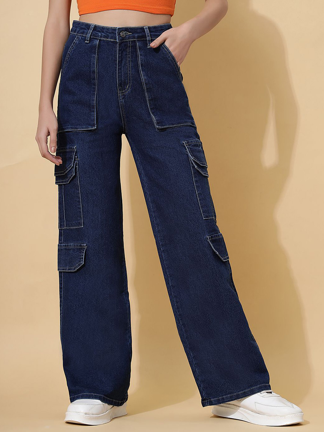 ZUYA Women Casual Straight Fit Stretch 6 Pocket Cargo Jeans