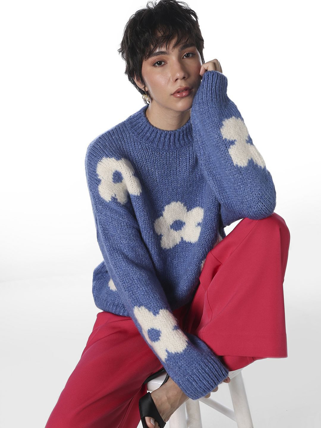 ONLY Jdykilian Flower Floral Self Design Pullover With Fuzzy Detail