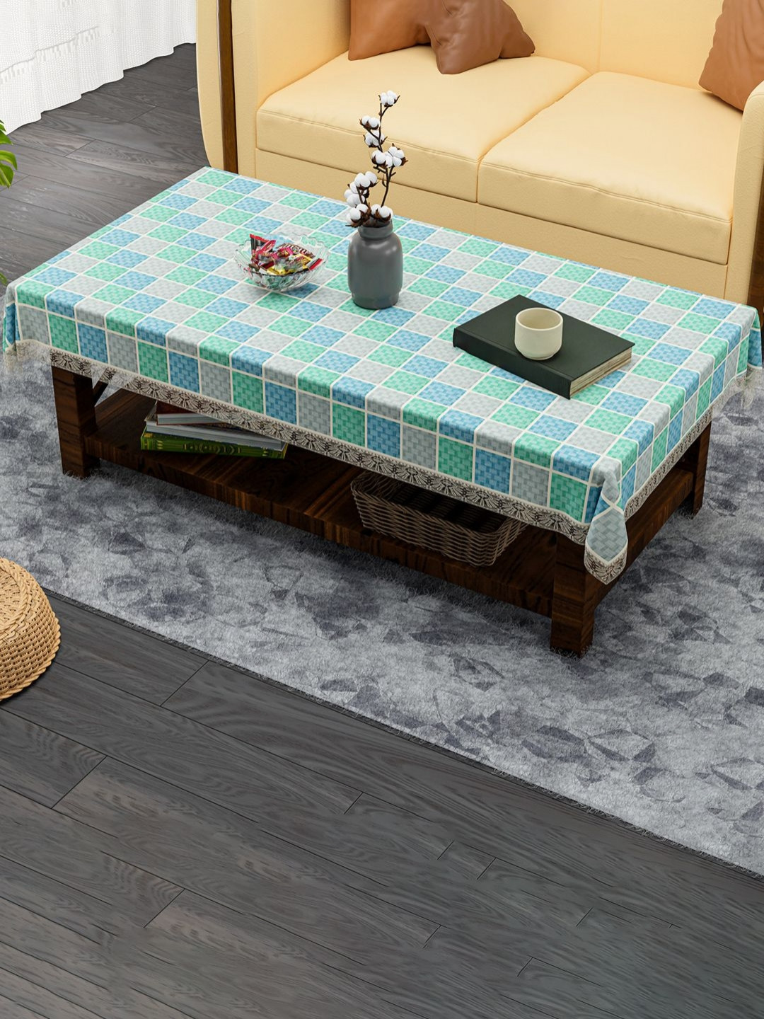 Aura Grey & Green Check Waterproof 4-Seater Table Cover