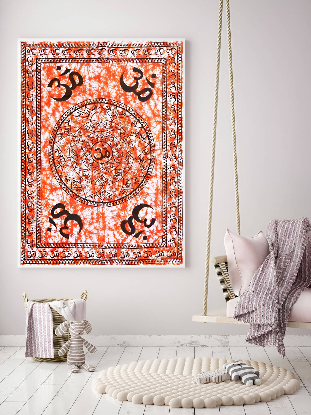 HANDICRAFT PALACE Orange-Coloured & Black Om Mandala Printed Cotton Wall HangingTapestry