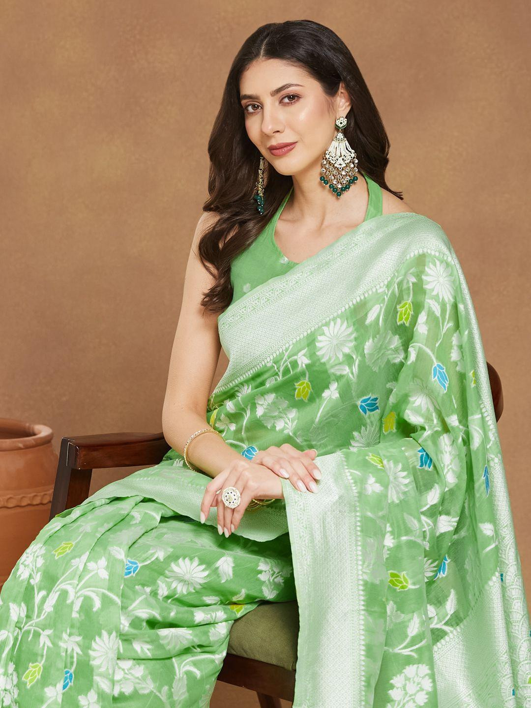 Janasya Women Sea Green Linen Geometric Woven Design Jacquard Saree with Blouse Piece