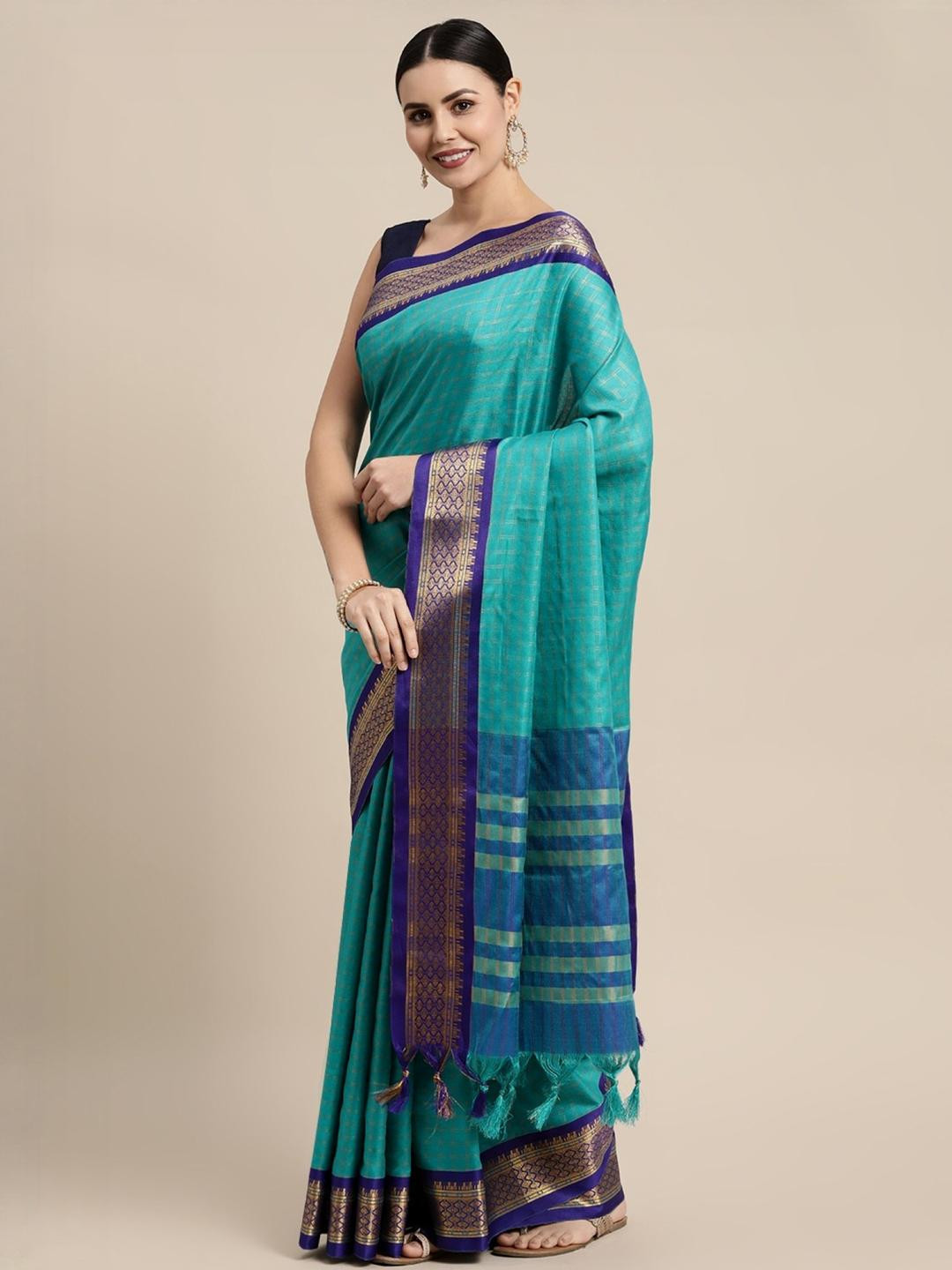 KALINI Blue Silk Cotton Checked Sarees