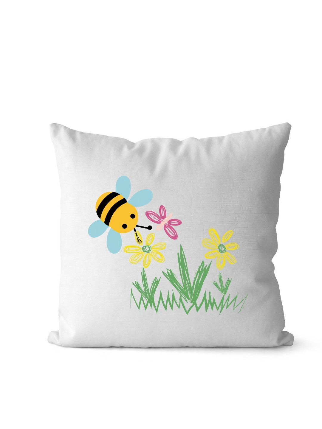 Loops n knots White & Green Bumblebee & Flowers Printed Pre-Filled Cushion
