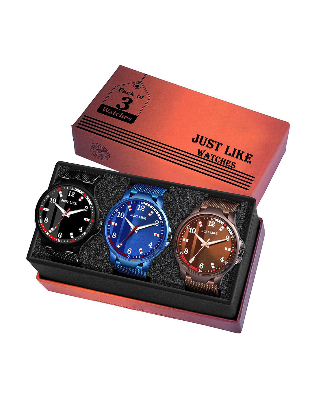 JUST LIKE Unisex Pack Of 3 Analogue Watches bk-blue-brown rubbes combo 1003