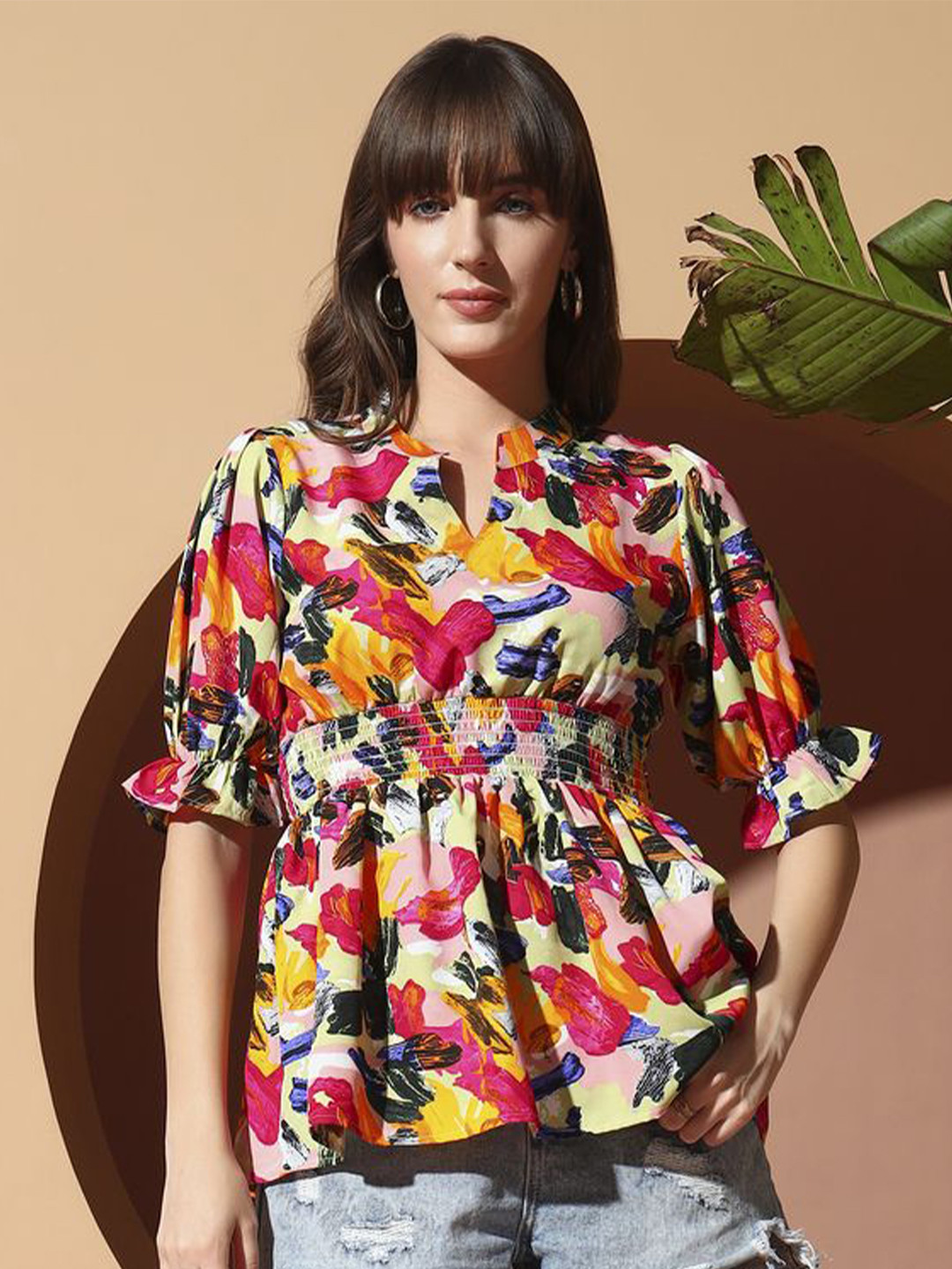 ZWERLON Women Abstract Printed Puff Sleeves Smocked Top
