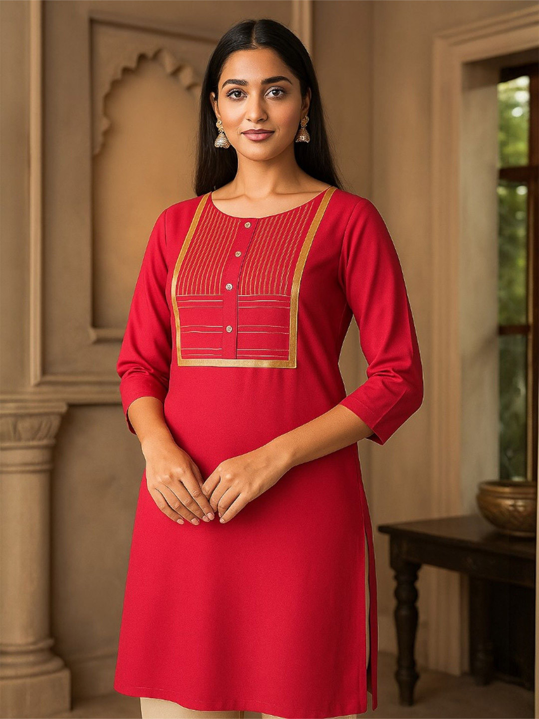 TeenTrums Yoke Design Round Neck Zari Straight Kurti