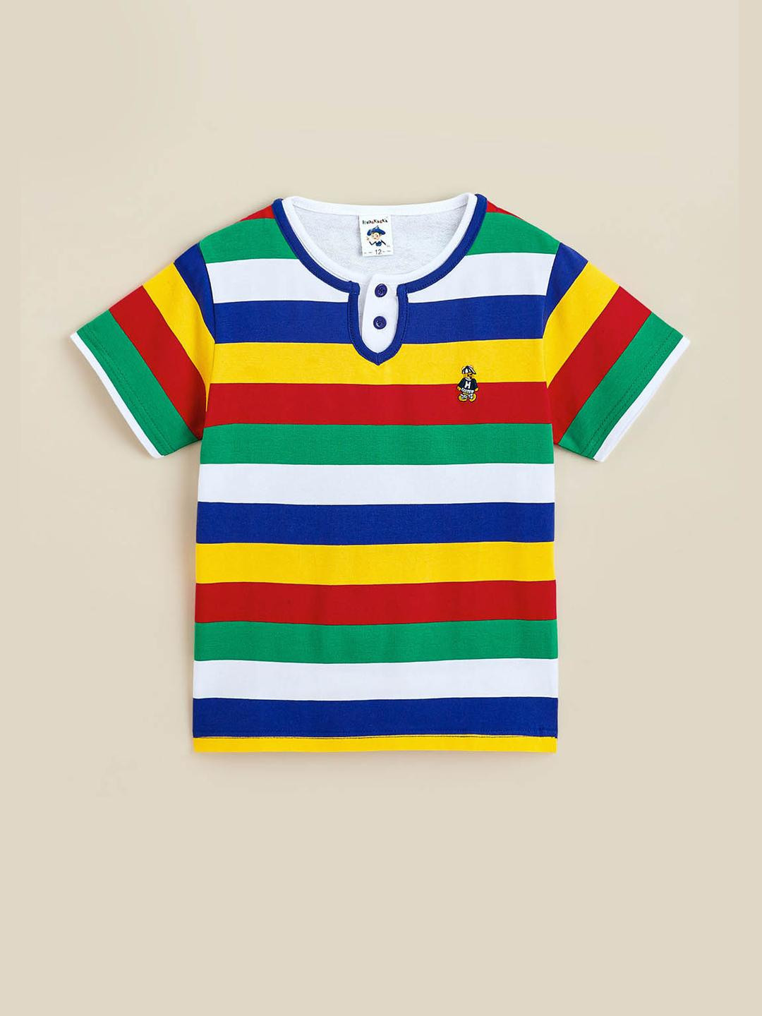 Hopscotch Boys Multi Cotton Round Neck Striped Short Sleeves Slim Fit T-shirt